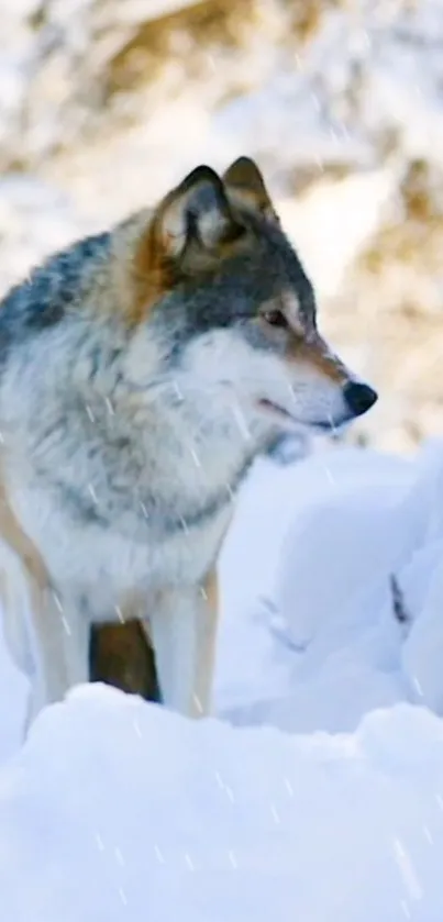 Majestic wolf standing in a snowy landscape, captured beautifully.