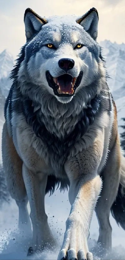 Majestic wolf strides through snowy mountains.