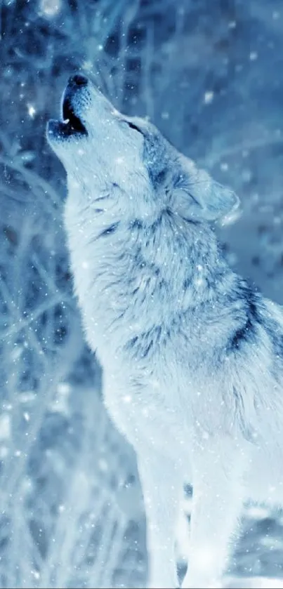 Howling wolf in a snowy, blue-tinted forest landscape.