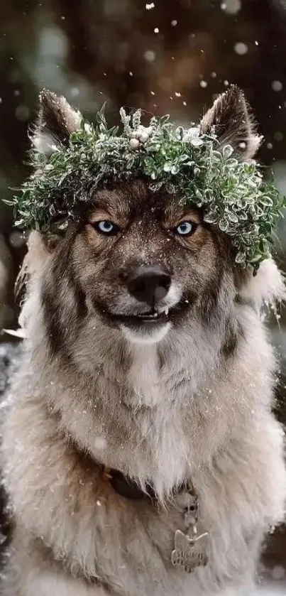 Majestic wolf with leaf crown in snowy forest.