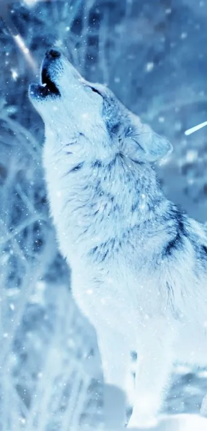 Lone wolf howling in a snowy forest scene.