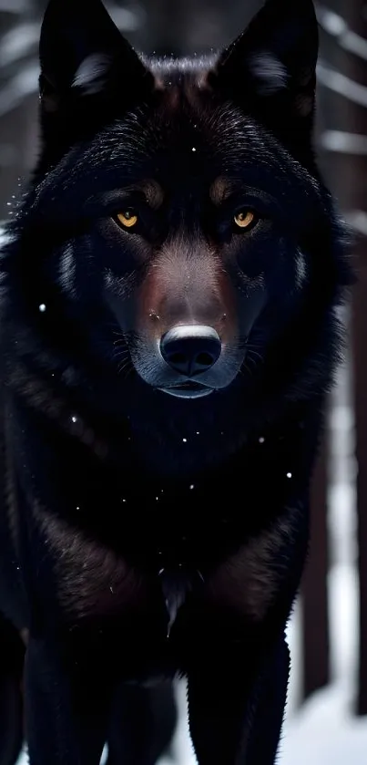 Black wolf standing in a snowy forest with trees in the background.