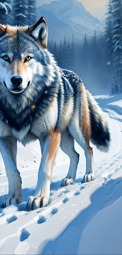 Majestic lone wolf standing in a serene snowy forest path.