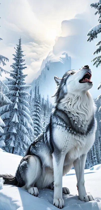 Wolf howling in a snowy forest with mountains in the background.
