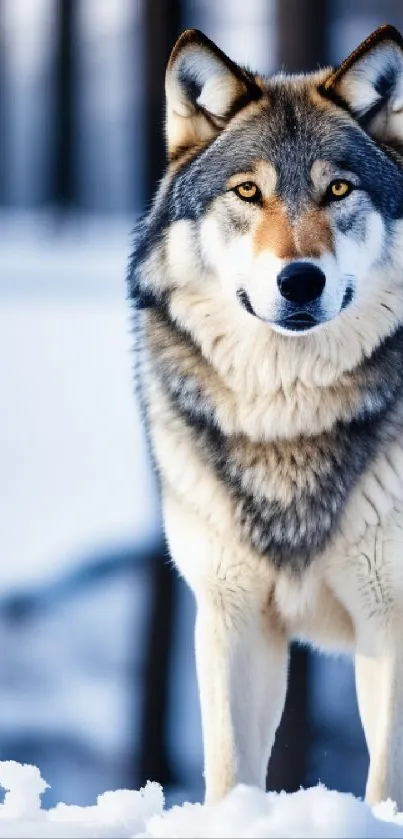 Majestic wolf standing in a snowy forest, displaying wild beauty.