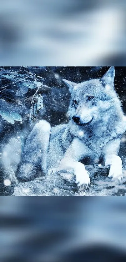 Majestic wolf resting in snowy forest wallpaper.