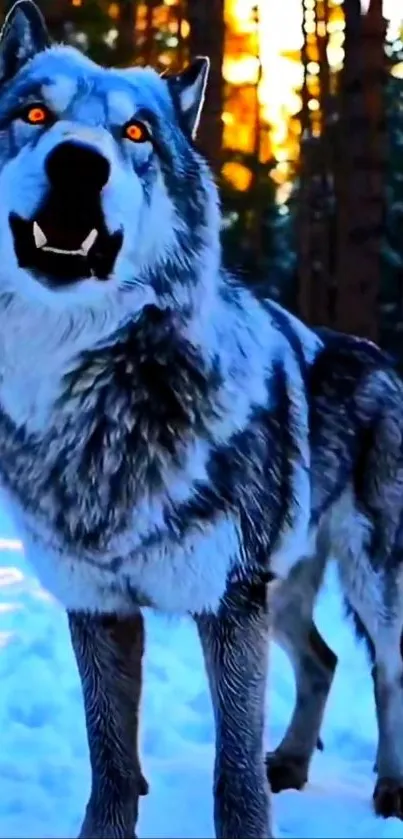 Majestic wolf stands in snowy forest, gazing intensely.