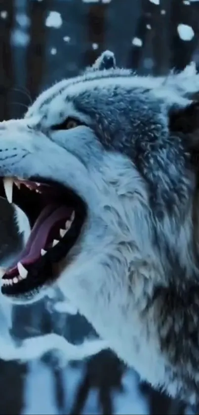 Fierce wolf snarling in a snowy forest setting.