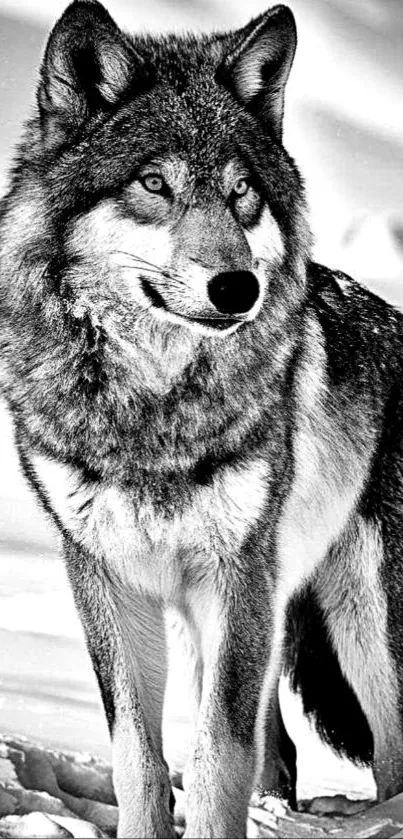 Majestic wolf standing in snow, sharp gaze.