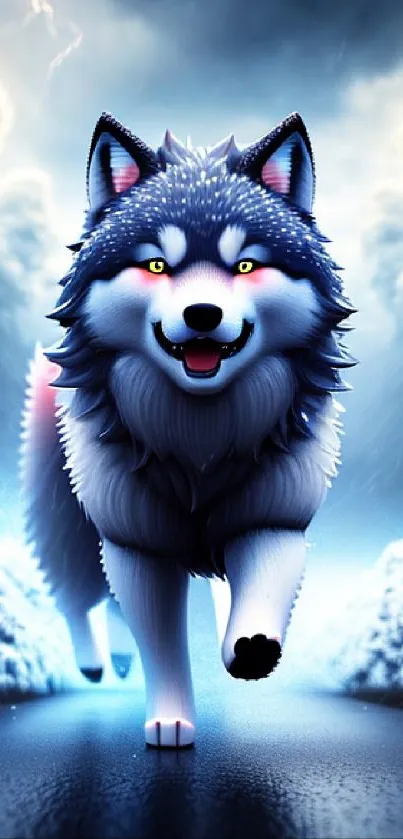 Dynamic wolf in a snowy, dramatic landscape wallpaper.