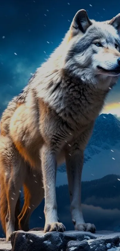 Majestic wolf standing in snowy mountains with a dramatic sky.