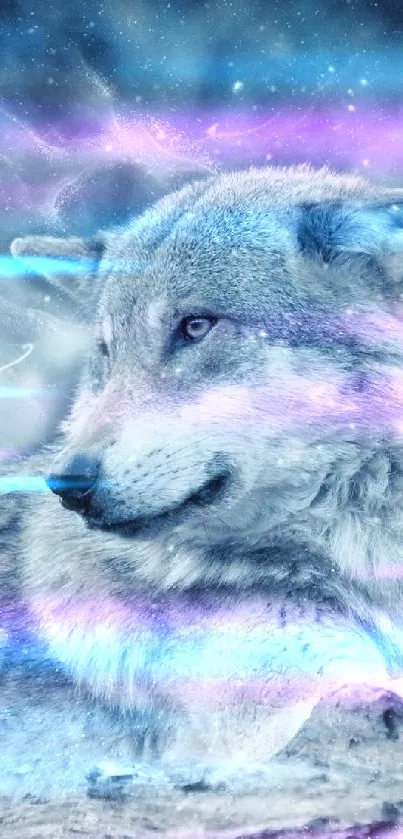 Majestic wolf resting in a snowy wilderness.