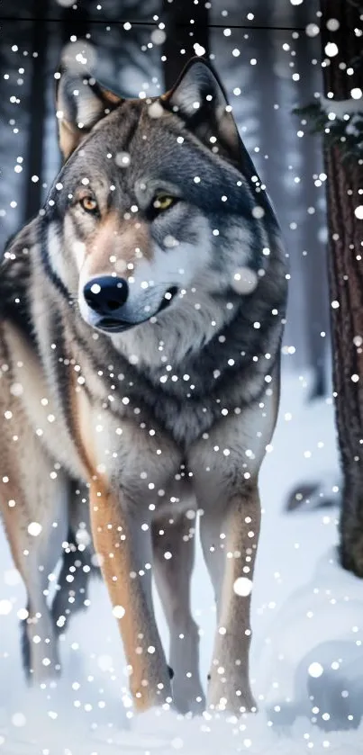 Majestic wolf stands in a snowy forest scene.