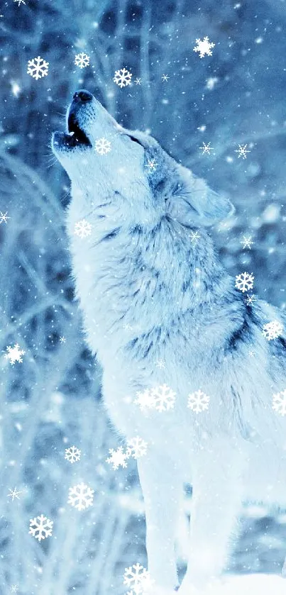 A lone wolf howls in a snowy blue-tinted forest, capturing a serene wilderness scene.
