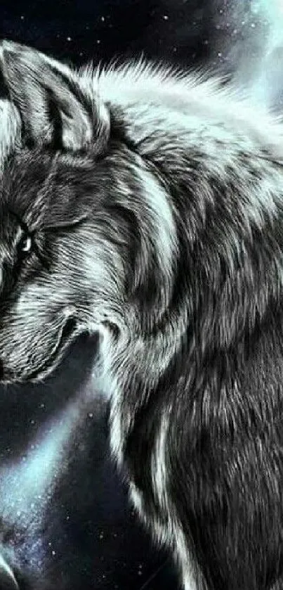 Artistic depiction of a wolf in space with cosmic elements.