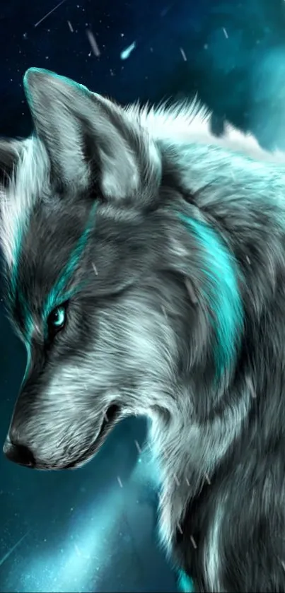 Majestic wolf against a cosmic teal background in digital art style.