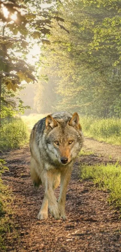 Majestic wolf walking on a sunlit forest path.