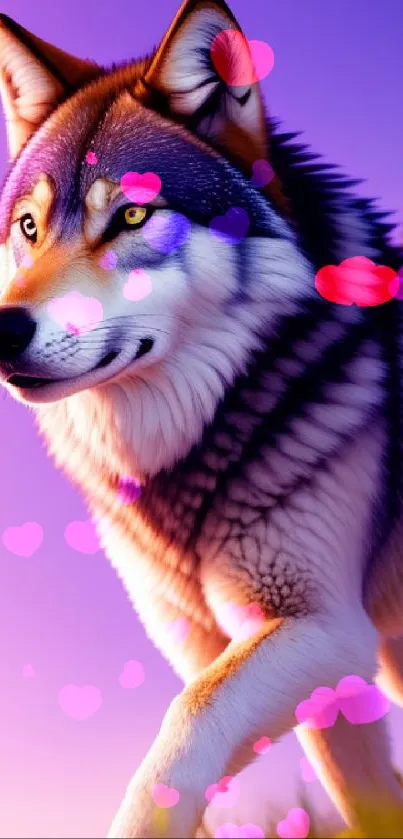 Majestic wolf in a vibrant purple sunset, perfect for mobile wallpaper.