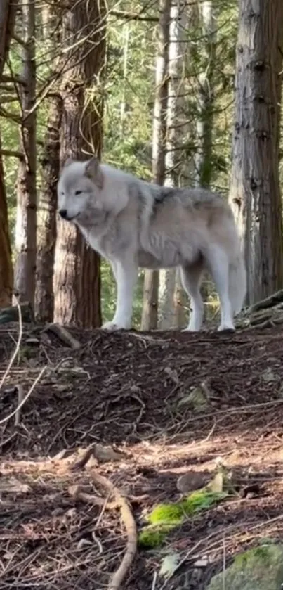 Majestic wolf standing in a tranquil forest, showcasing natural beauty.