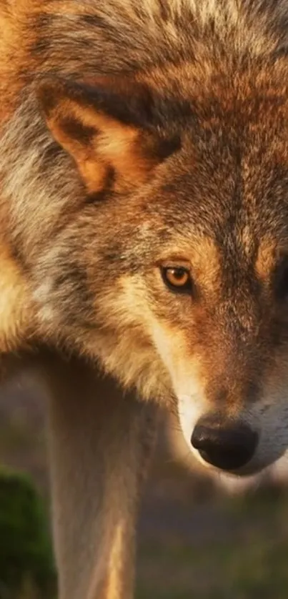 Majestic wolf in the wild with intense gaze and brown fur.