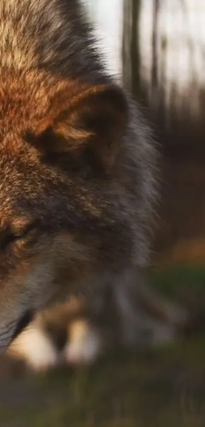 Close-up image of a wolf in a forest setting, highlighting its fur details.