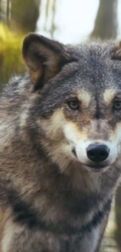 A majestic wolf standing in a serene forest setting.