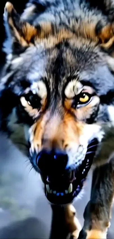 Majestic wolf staring fiercely in the wild.