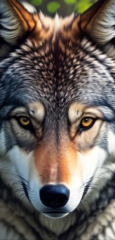 Close-up of a majestic wolf with a forest background