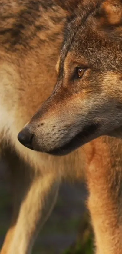 Majestic brown wolf standing in the natural wilderness.