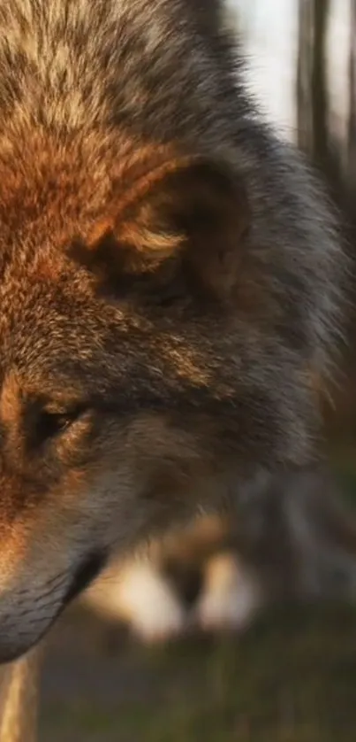 Majestic wolf in a serene forest setting.