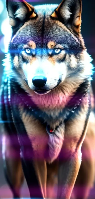 Majestic wolf with glowing urban backdrop in blue tones.