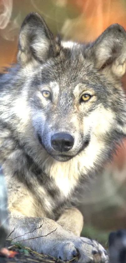 Majestic gray wolf in natural forest setting.