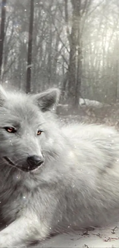 White wolf lying in a tranquil winter forest setting, surrounded by snow.