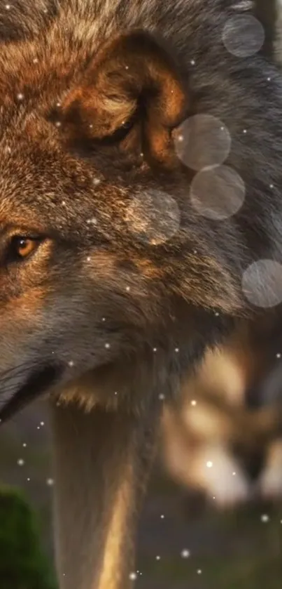 Majestic wolf in a winter landscape with shimmering lights.