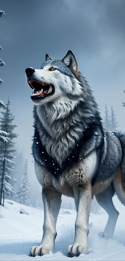 Majestic wolf in a snow-covered forest landscape.