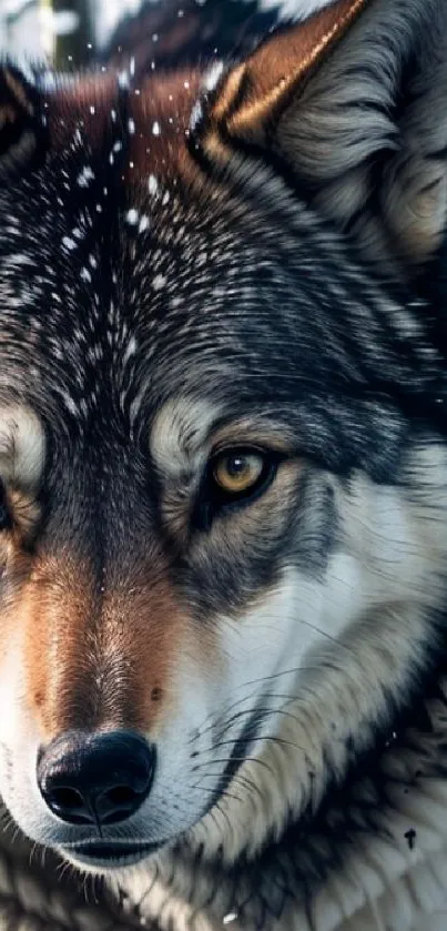 Close-up of a majestic wolf with striking yellow eyes in a snowy winter setting.