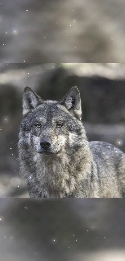 Majestic wolf standing in snow amidst serene forest landscape.