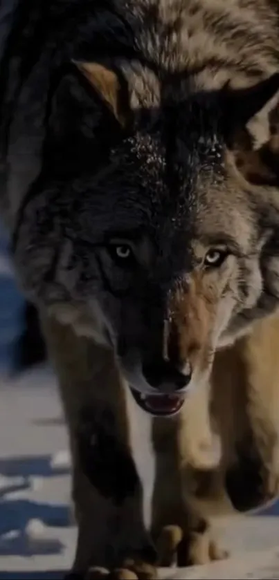 Majestic wolf walking through snowy landscape.