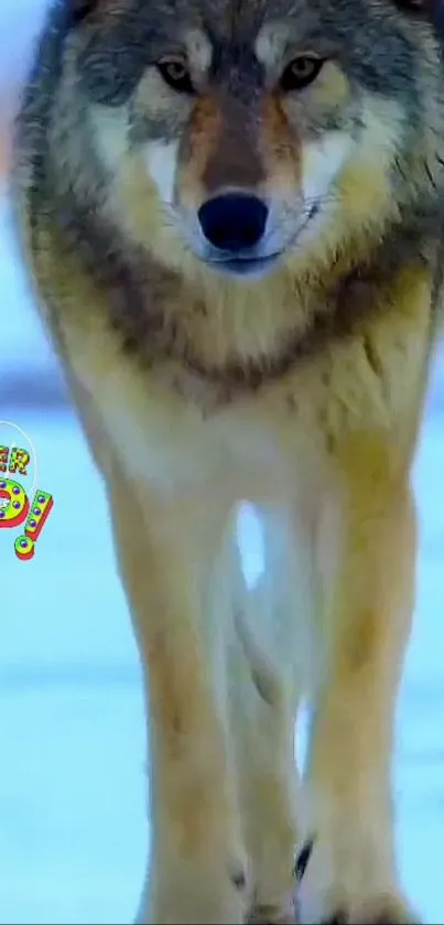 Majestic wolf standing in snowy scene.