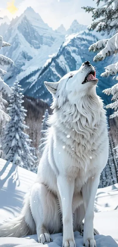 White wolf howling in snowy forest with mountains.