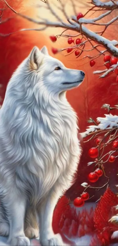 White wolf in snowy forest with red berries and trees.