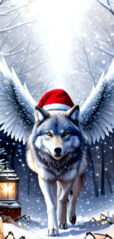 Winged wolf in a snowy winter wonderland, featuring festive decorations.