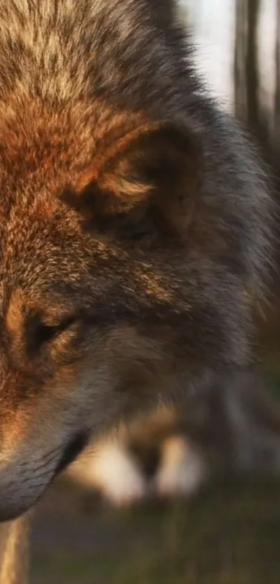 Close-up of a majestic wolf in nature, ideal for mobile wallpaper.