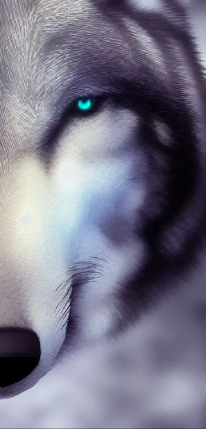 Close-up of a wolf with piercing blue eyes on a gray background.