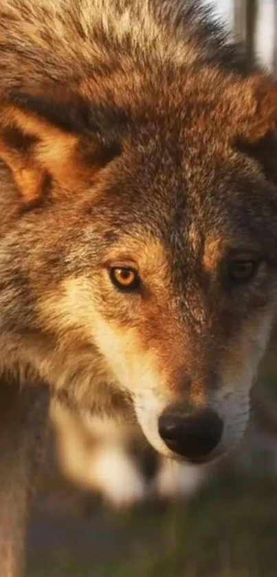 Majestic wolf with intense gaze in natural setting.