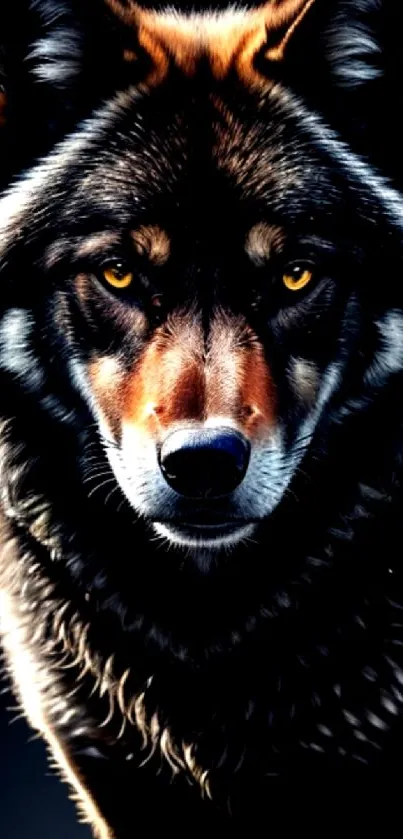 Majestic wolf with yellow eyes on a black background mobile wallpaper.