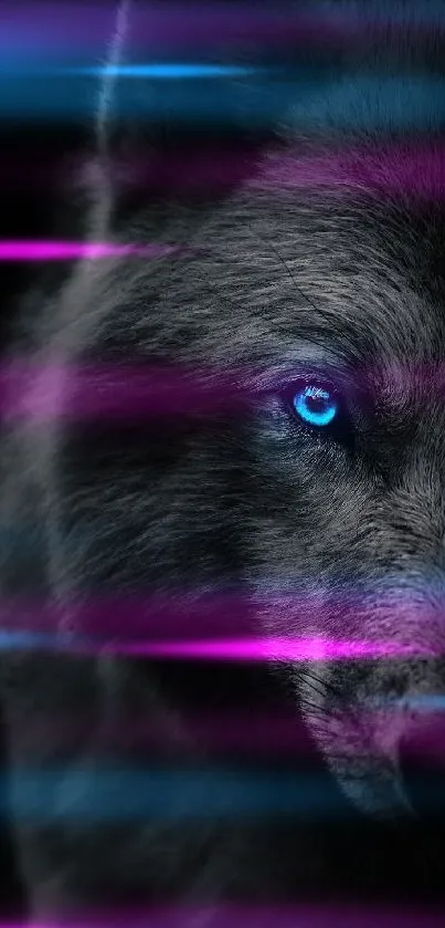 Striking wolf with glowing blue eye on dark background.