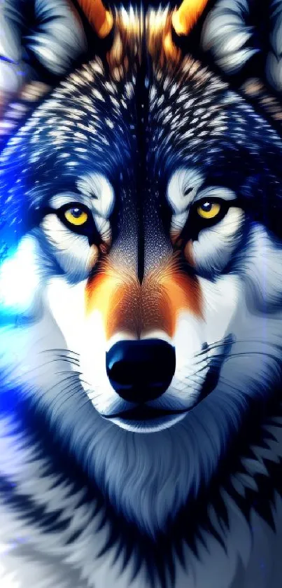 Majestic wolf portrait with glowing eyes on a dark blue background.