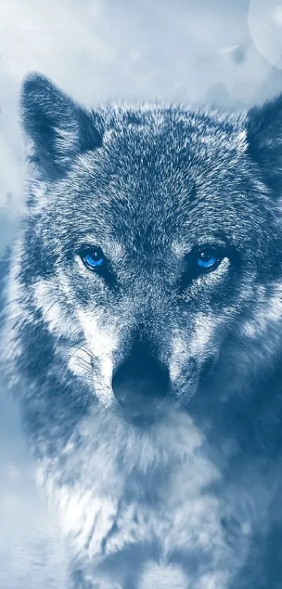 Majestic wolf in serene blue forest wallpaper.