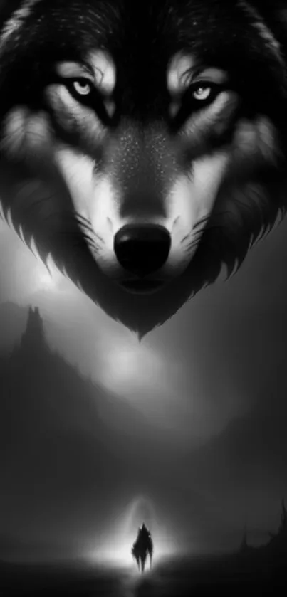 Majestic wolf in grayscale mobile wallpaper with mysterious figure.